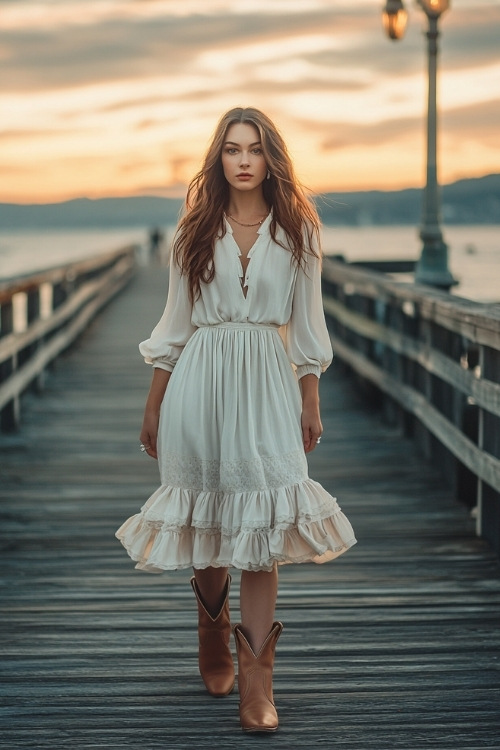 A romantic outfit with a tiered midi skirt, silk blouse, and tan cowboy boots, walking along a pier at sunset