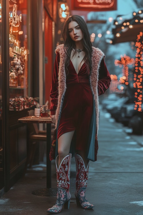 A romantic winter outfit with a velvet wrap dress, embroidered cowboy boots, and a faux fur stole