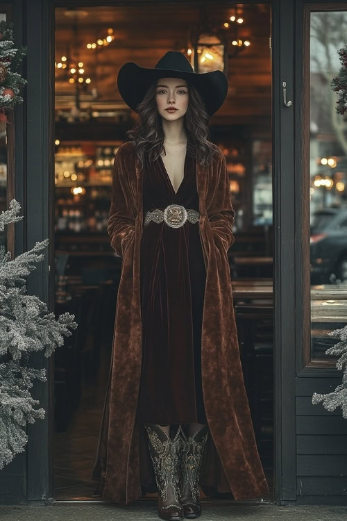 A romantic winter outfit with a velvet wrap dress, embroidered cowboy boots, and a faux fur stole