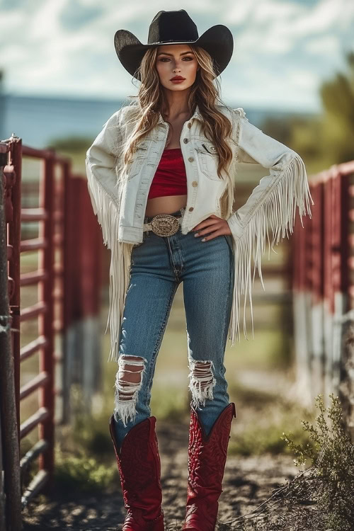 A rugged yet chic rodeo outfit with red cowboy boots, distressed boyfriend jeans, a cropped white fringe jacket, and a black cowboy hat (2)