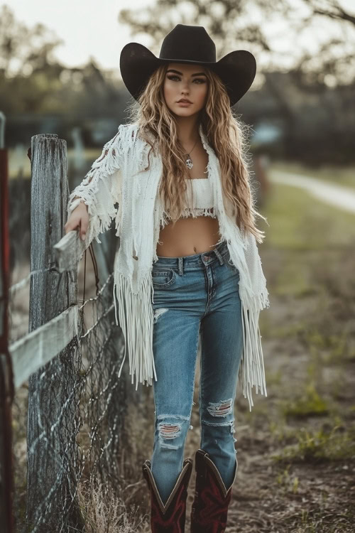 A rugged yet chic rodeo outfit with red cowboy boots, distressed boyfriend jeans, a cropped white fringe jacket, and a black cowboy hat