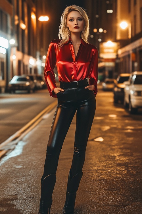 A sleek outfit with a red satin blouse tucked into high-waisted skinny jeans, paired with black cowboy boots