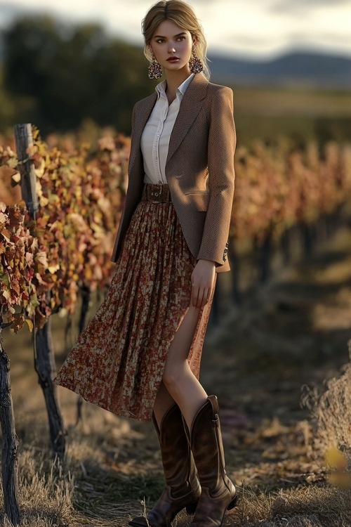 A sophisticated fall ensemble with a tailored blazer, midi skirt, and tall cowboy boots