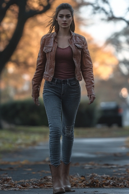 A sporty casual outfit with a bomber jacket, joggers, and sleek cowboy boots, walking in an urban park