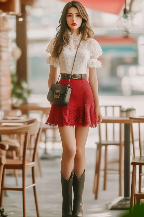 A stylish combination of a white lace top, a red high-waisted skirt, and black cowboy boots (2)