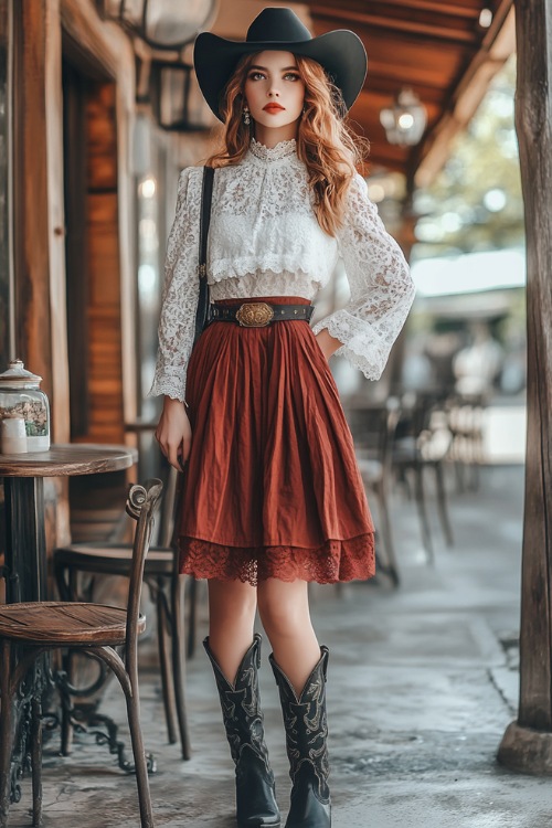 A stylish combination of a white lace top, a red high-waisted skirt, and black cowboy boots