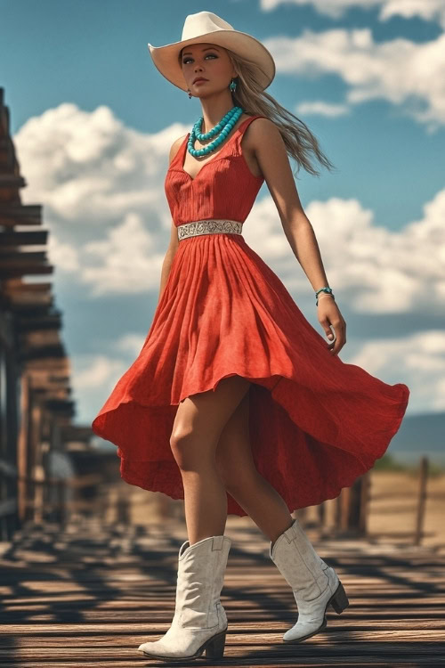 A stylish cowgirl in a red flowy midi dress, white cowgirl boots, and a layered turquoise necklace, walking gracefully on a Coachella festival