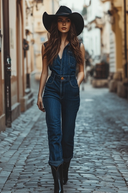 A stylish denim jumpsuit paired with black cowboy boots, accessorized with a wide-brim hat (2)