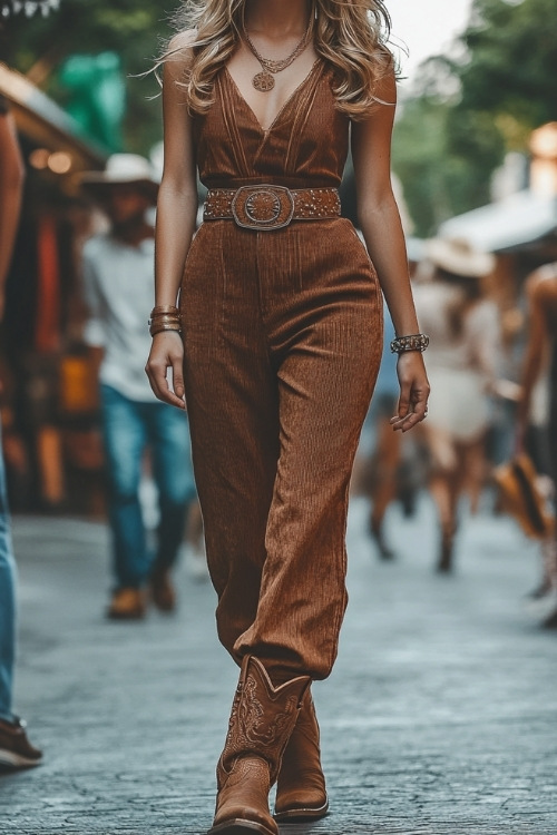 A stylish jumpsuit with a bold belt and classic cowboy boots, enjoying a lively street festival