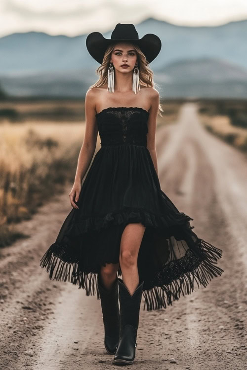 A stylish Coachella attendee in a black bohemian-inspired maxi dress, knee-high black cowgirl boots, and fringe earring