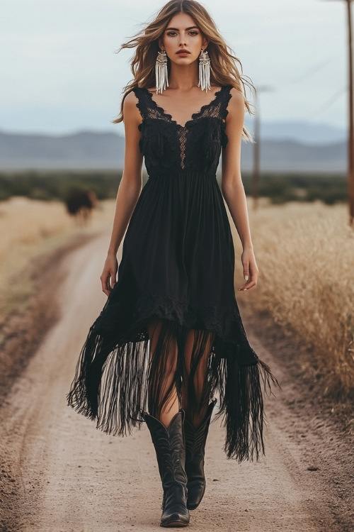 A stylish rodeo attendee in a black bohemian-inspired maxi dress, knee-high black cowgirl boots, and fringe earrings