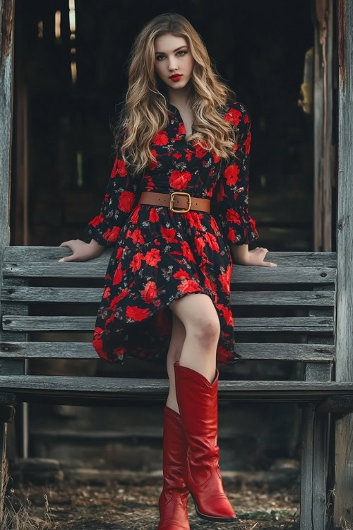 A stylish rodeo-goer in a red and black floral midi dress, brown belt, and knee-high red cowgirl boots, posing with one foot on a wooden bench