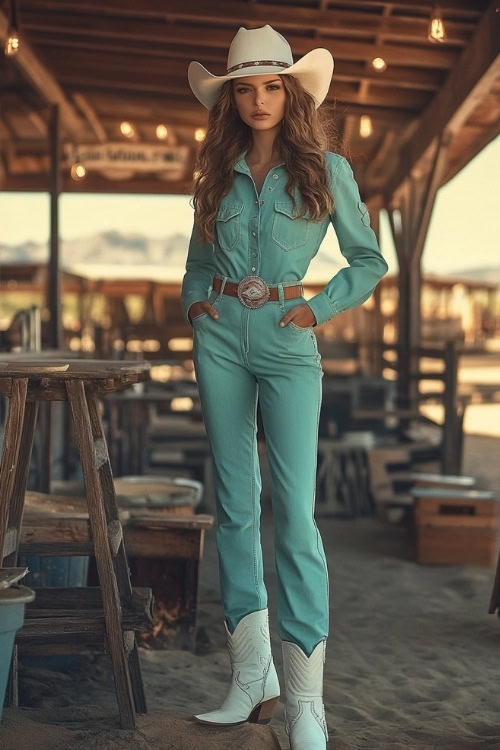 A stylish rodeo guest in a seafoam green belted jumpsuit, white cowgirl boots, and a statement leather belt