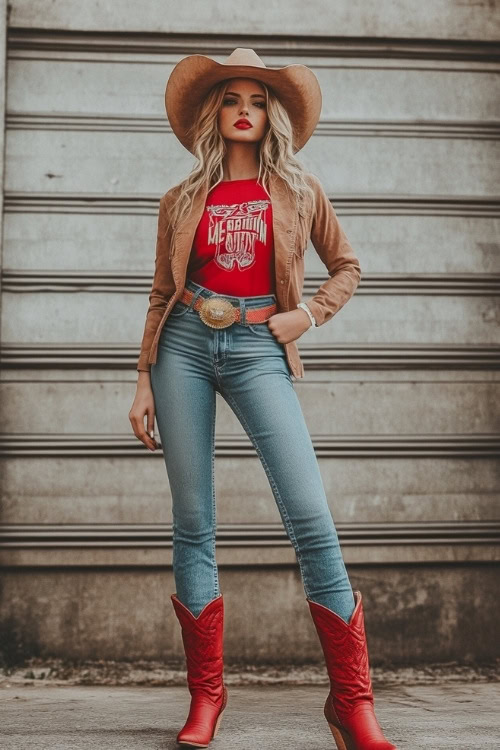 A stylish rodeo-ready look featuring red cowboy boots, bootcut jeans, a fitted graphic tee, and a cropped suede jacket (2)