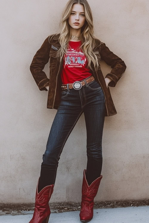 A stylish rodeo-ready look featuring red cowboy boots, bootcut jeans, a fitted graphic tee, and a cropped suede jacket