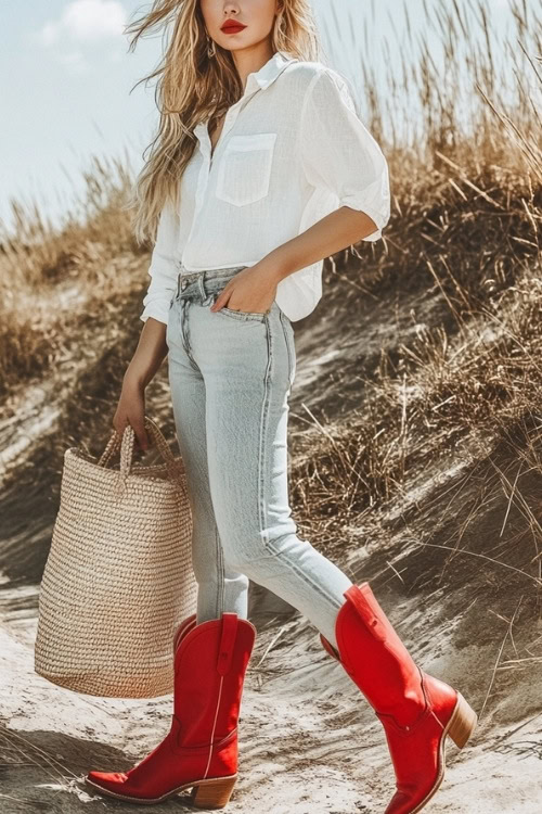 A stylish woman wearing red cowboy boots, light-wash skinny jeans, and a relaxed white linen button-up shirt tucked in