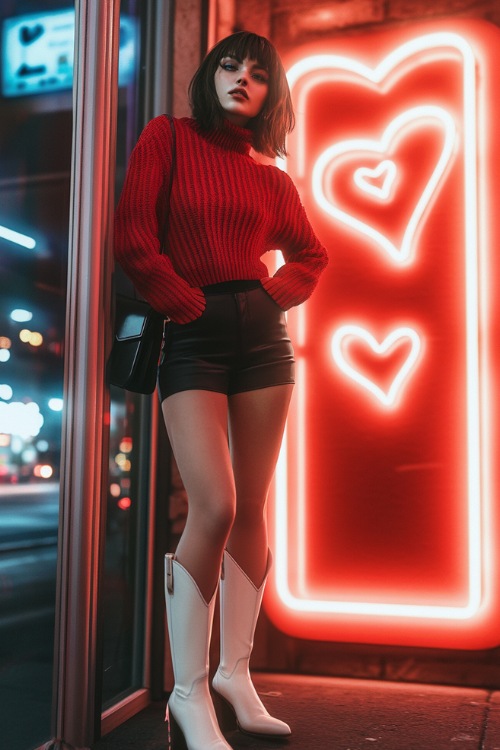 A trendy combination of a black leather mini skirt, a red cropped sweater, and white cowboy boots