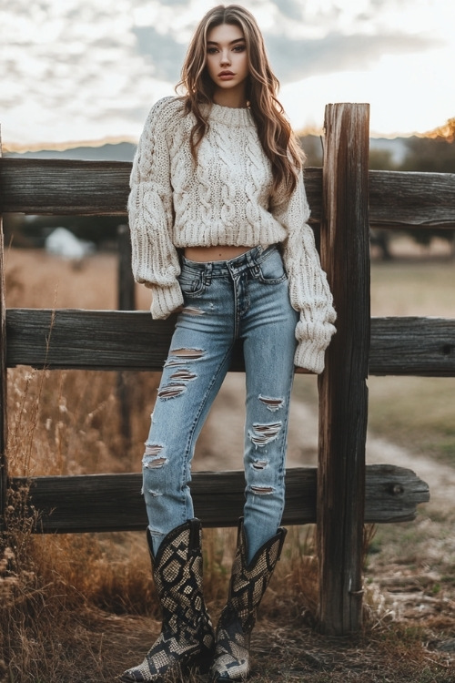 A trendy look with a cropped knit sweater, distressed jeans, and snakeskin cowboy boots