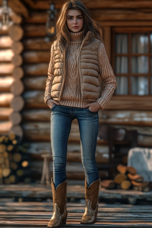 A trendy outfit with a puffer vest, oversized knit sweater, and ankle cowboy boots, in front of a rustic cabin setting,