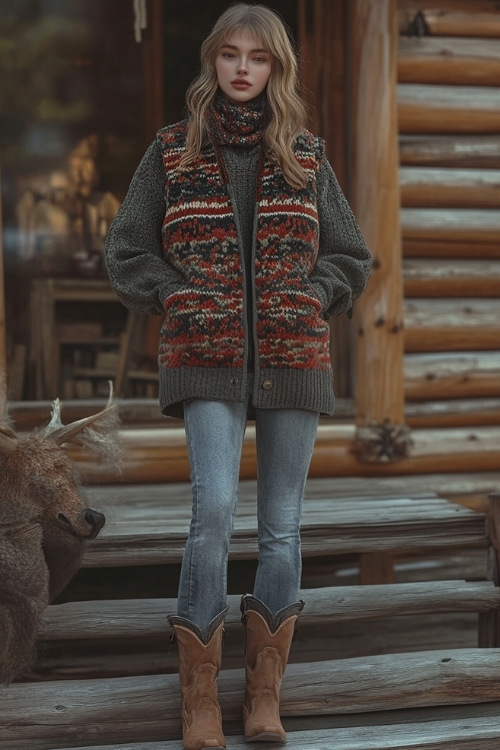 A trendy outfit with a puffer vest, oversized knit sweater, and ankle cowboy boots