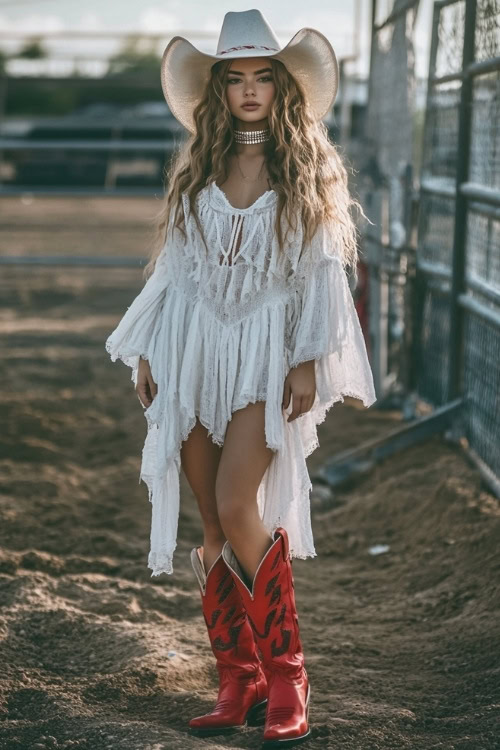 A trendy rodeo outfit featuring red cowboy boots, a flowy white boho-style dress with ruffled sleeves, and a wide-brim hat (2)