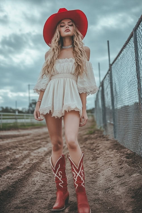 A trendy rodeo outfit featuring red cowboy boots, a flowy white boho-style dress with ruffled sleeves, and a wide-brim hat (3)