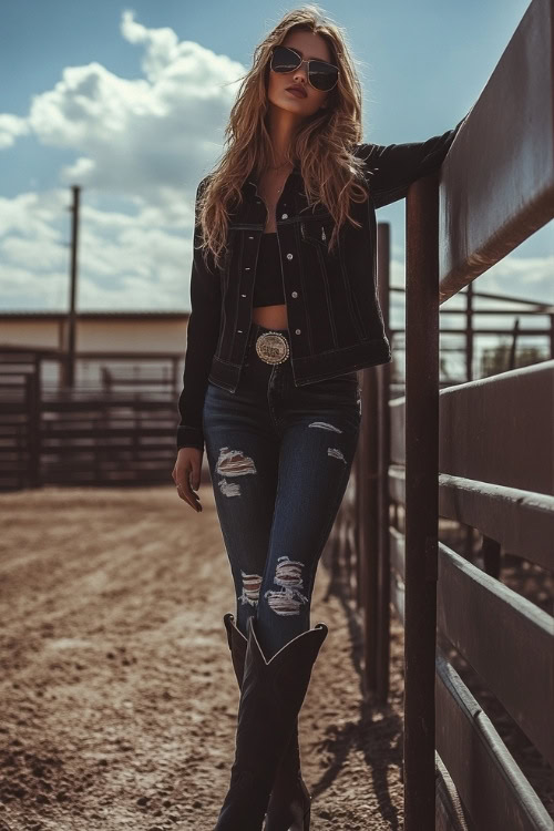 A woman in a black denim jacket, ripped jeans, and knee-high black cowgirl boots, standing confidently near a rodeo fence