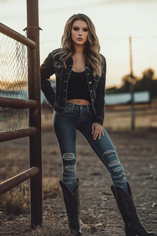 A woman in a black denim jacket, ripped jeans, and knee-high black cowgirl boots, standing confidently near a rodeo fence