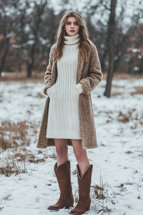 A woman in a cozy turtleneck sweater dress, styled with tall brown cowboy boots and a wool coat