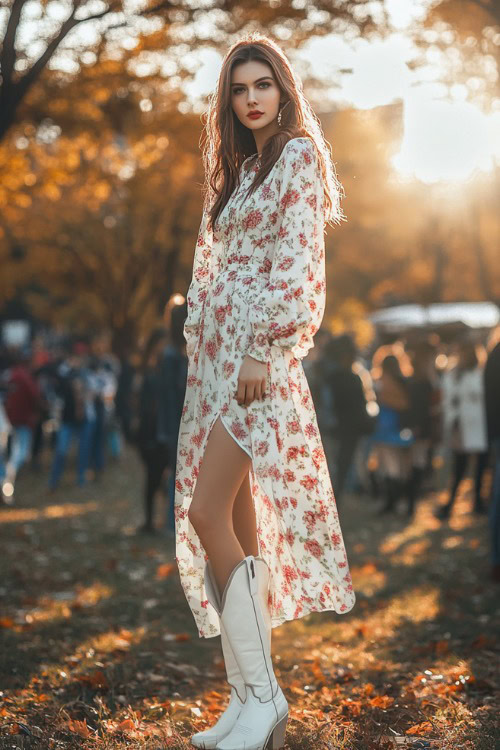 A woman in a long-sleeved floral dress with white cowboy boots, posing near the concert stage under fall trees, people gathered around with warm lighting (2)