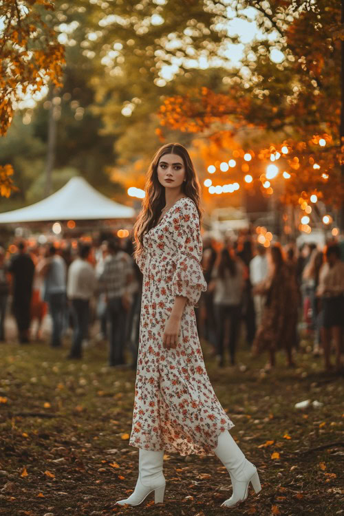 A woman in a long-sleeved floral dress with white cowboy boots, posing near the concert stage under fall trees, people gathered around with warm lighting