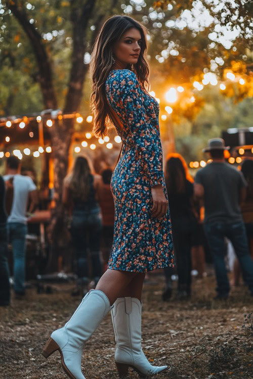 A woman in a long-sleeved floral dress with white cowboy boots, posing near the concert stage under fall trees