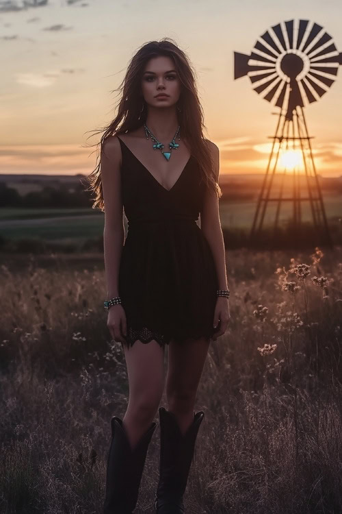 A woman wearing a black V-neck midi dress, knee-high black cowgirl boots, and statement turquoise jewelry