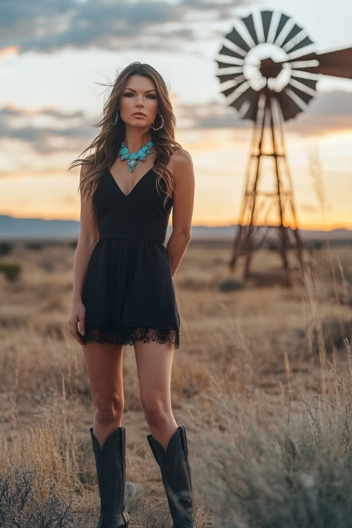 A woman wearing a black V-neck midi dress, knee-high black cowgirl boots, and statement turquoise jewelry