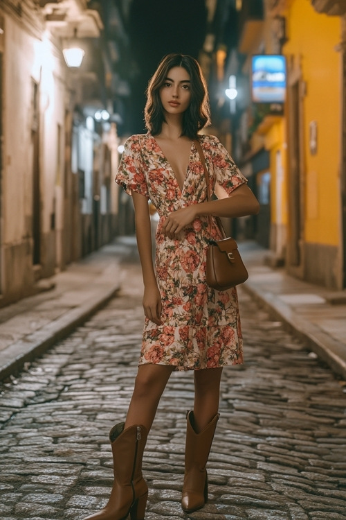 A woman wearing a chic floral midi dress paired with tan cowboy boots, accessorized with a leather crossbody bag