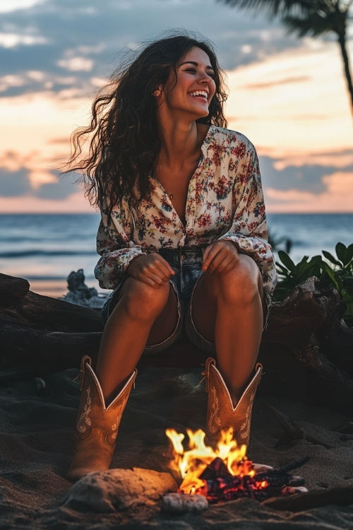 A woman wearing a floral blouse, distressed shorts, and tan cowboy boots, laughing at a beachside bonfire