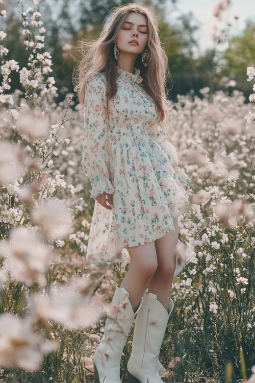 A woman wearing a pastel floral midi dress paired with white cowboy boots, standing in a blooming garden