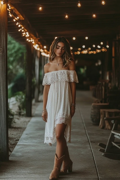 A woman wears a boho-inspired off-the-shoulder lace dress in soft ivory, paired with tan cowboy boots for a romantic, vintage-inspired date-night look