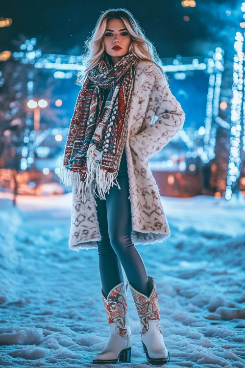 A woman wears a chic wool coat with a patterned scarf, white cowboy boots, and leggings, posing near a large winter concert stage illuminated with cool-toned lights