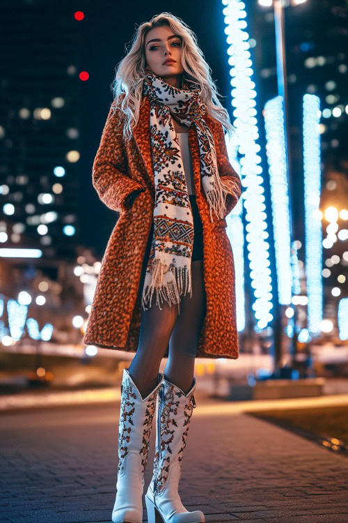 A woman wears a chic wool coat with a patterned scarf, white cowboy boots, and shorts, posing near a large winter concert stage illuminated with cool-toned lights