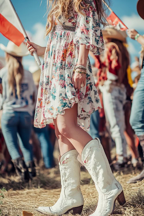 A woman wears a flowy floral wrap dress and white cowboy boots, standing near the stage with friends holding flags and wearing cowboy hats