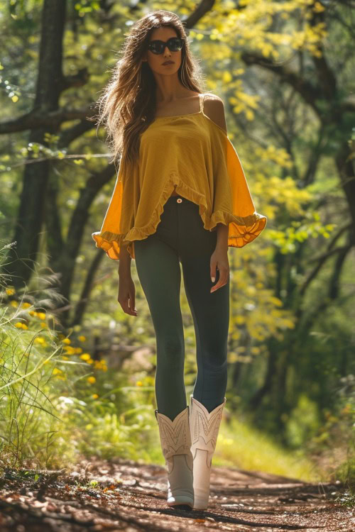 A woman wears a yellow shirt, leggings and white cowboy boots