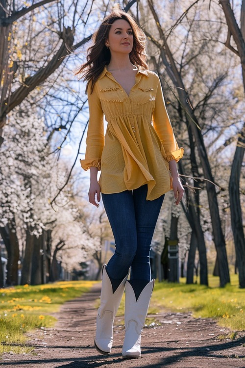 A woman wears a yellow shirt with blue jeans and white cowboy boots