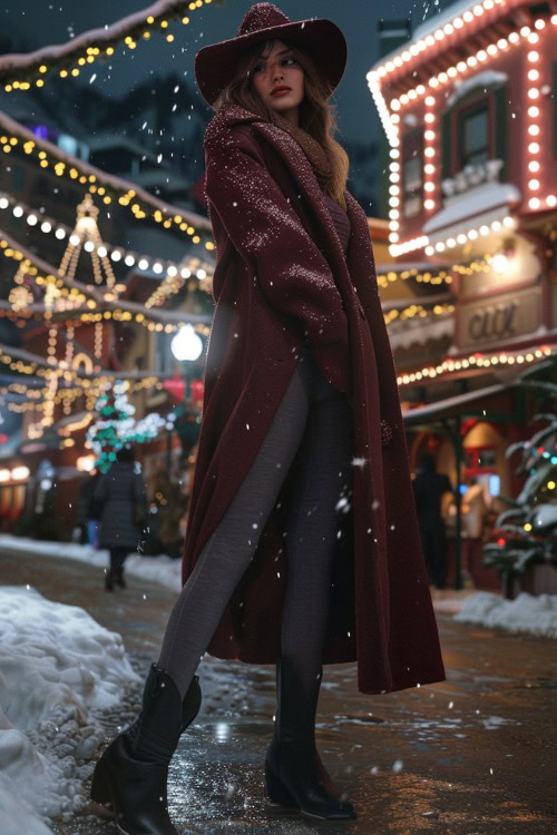 A woman wears black cowboy boots, grey leggings and a long coat