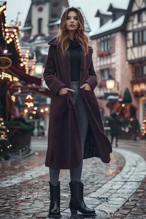 A woman wears black cowboy boots, leggings and a long coat