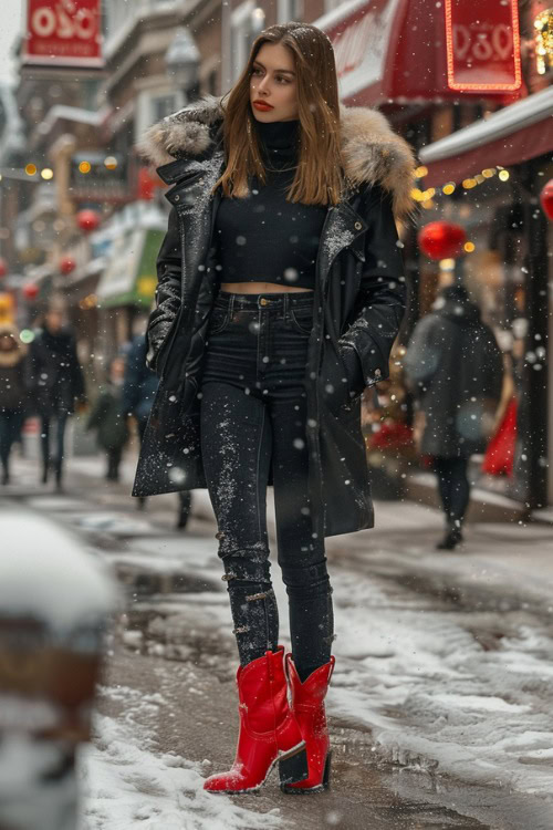 A woman wears black jeans, black top, fur black coat and red cowboy boots