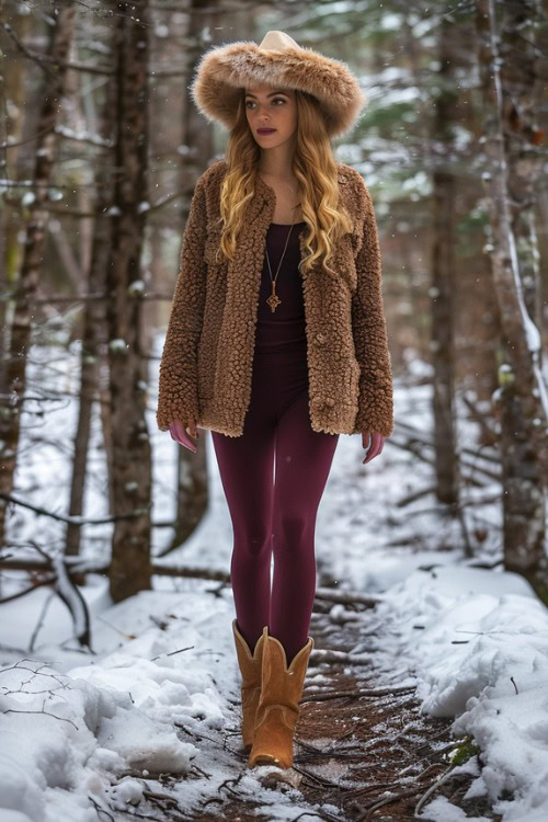 A woman wears brown cowboy boots, burgundy leggings and a brown fur coat