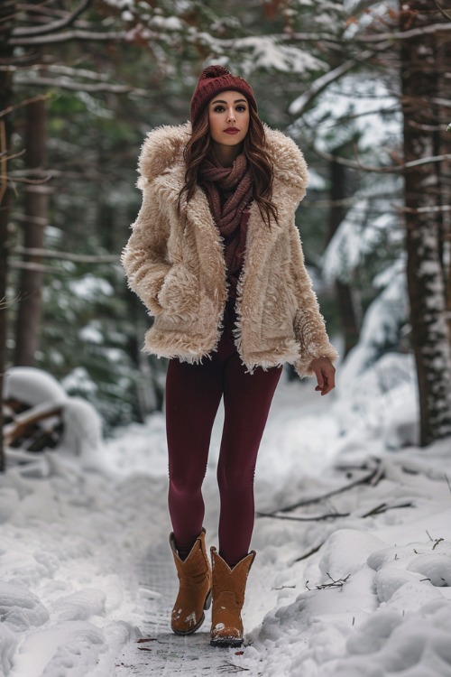 A woman wears brown cowboy boots, burgundy leggings and a fur coat