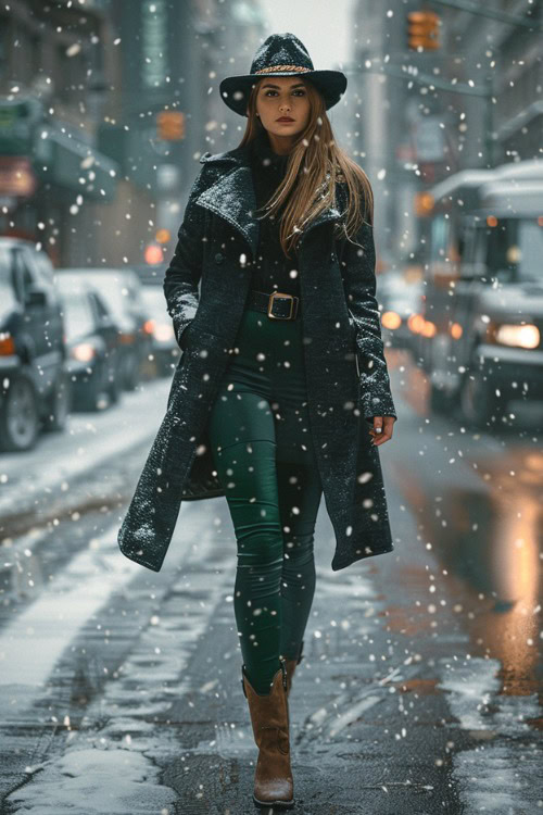 A woman wears brown cowboy boots, olive leggings and a coat