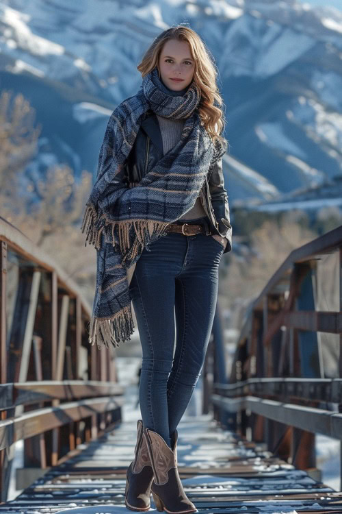 A woman wears cowboy boots, blue jeans and a plaid scarf